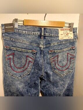 True Religion Ricky Big T Relaxed Straight Jeans 33x33 No Pocket Flap Acid Wash
